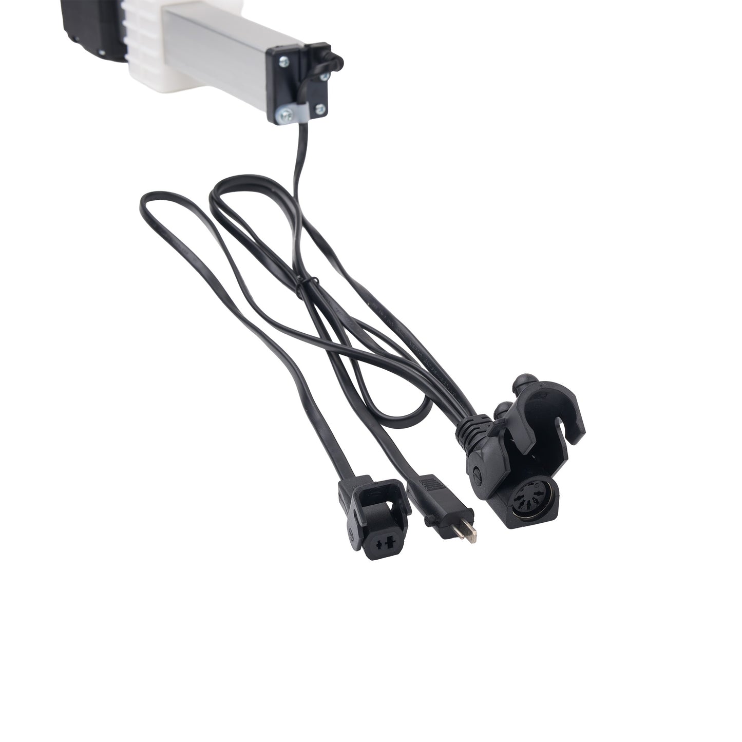 Black electrical power cable with a multi-pin connector and a USB-C port, attached to a white and black motor bracket, shown on a white background.