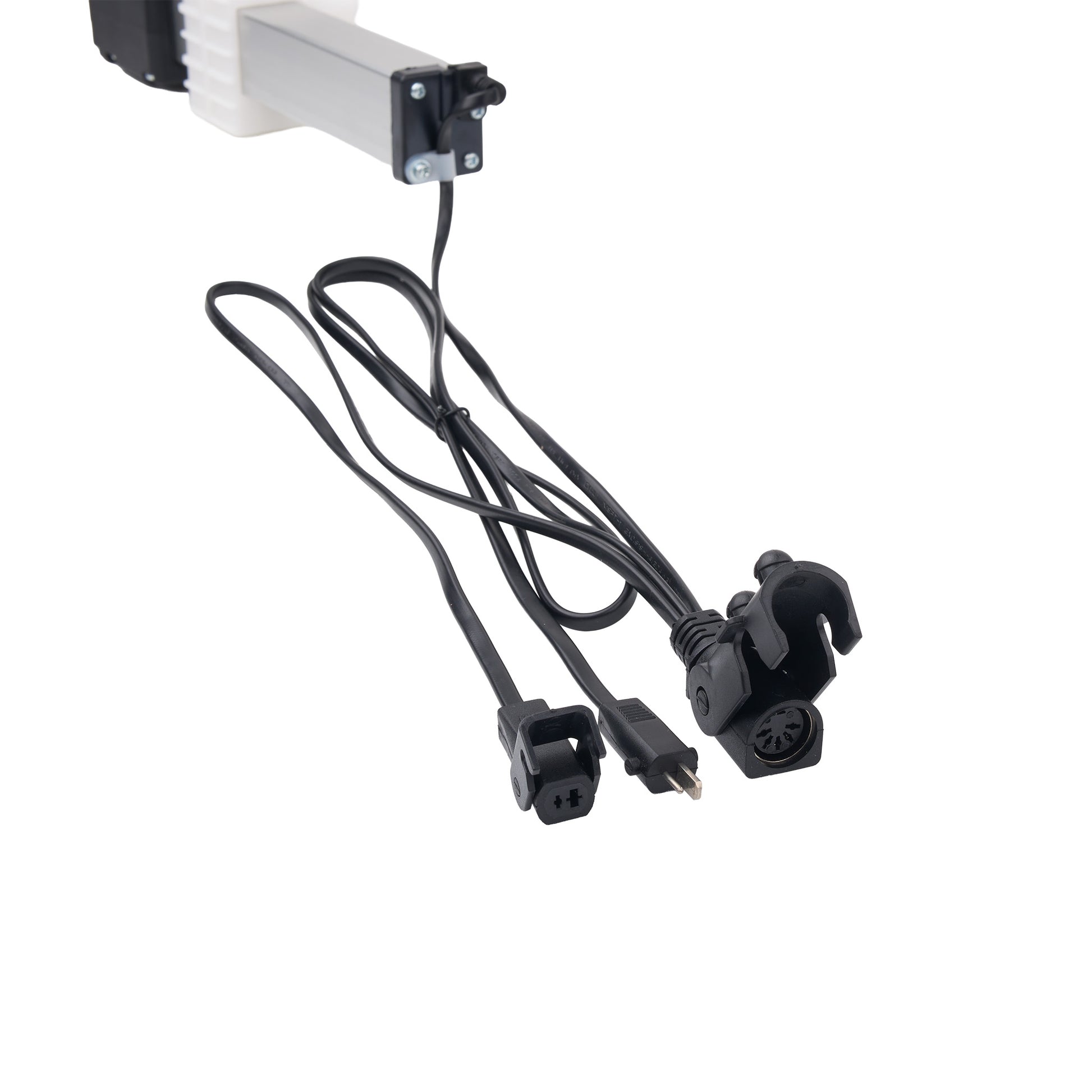 Black electrical power cable with a multi-pin connector and a USB-C port, attached to a white and black motor bracket, shown on a white background.