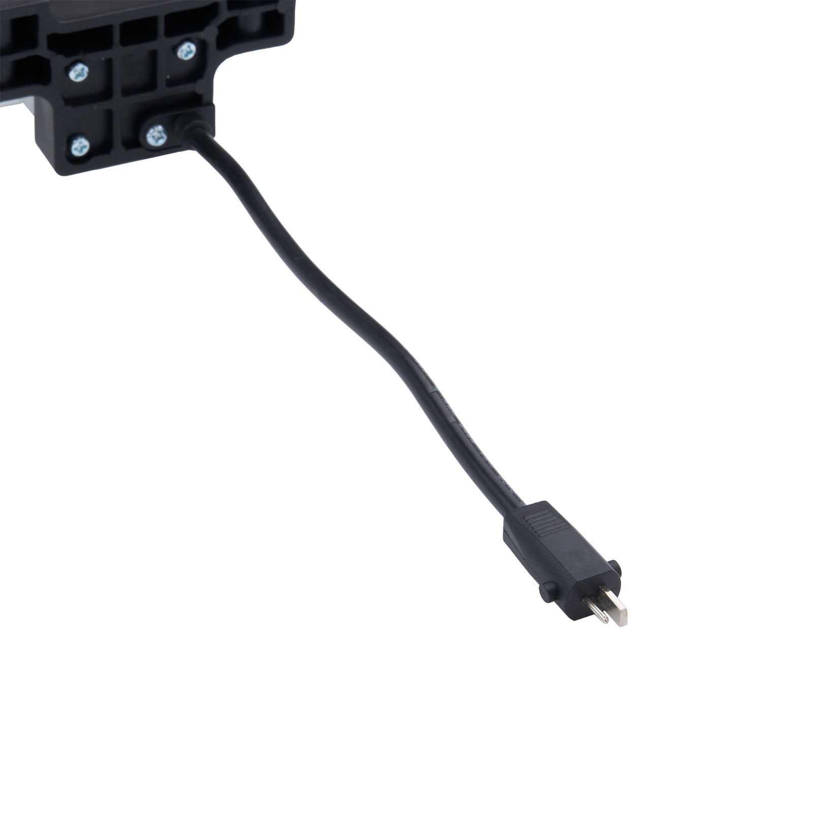 Black electrical connector with a cable on a white background