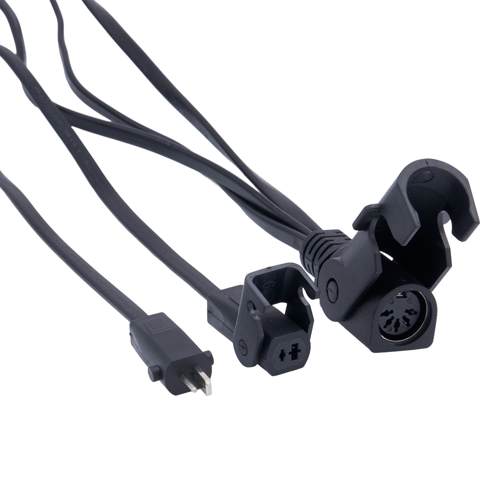 Black electrical cord with plug and socket on a white background