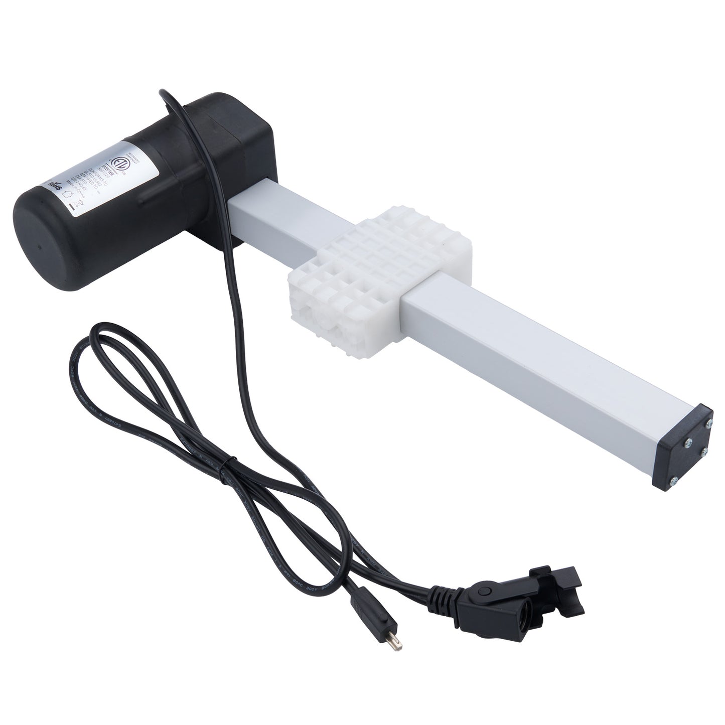 Electronic component with a black housing, white rod, and black cable on a white background