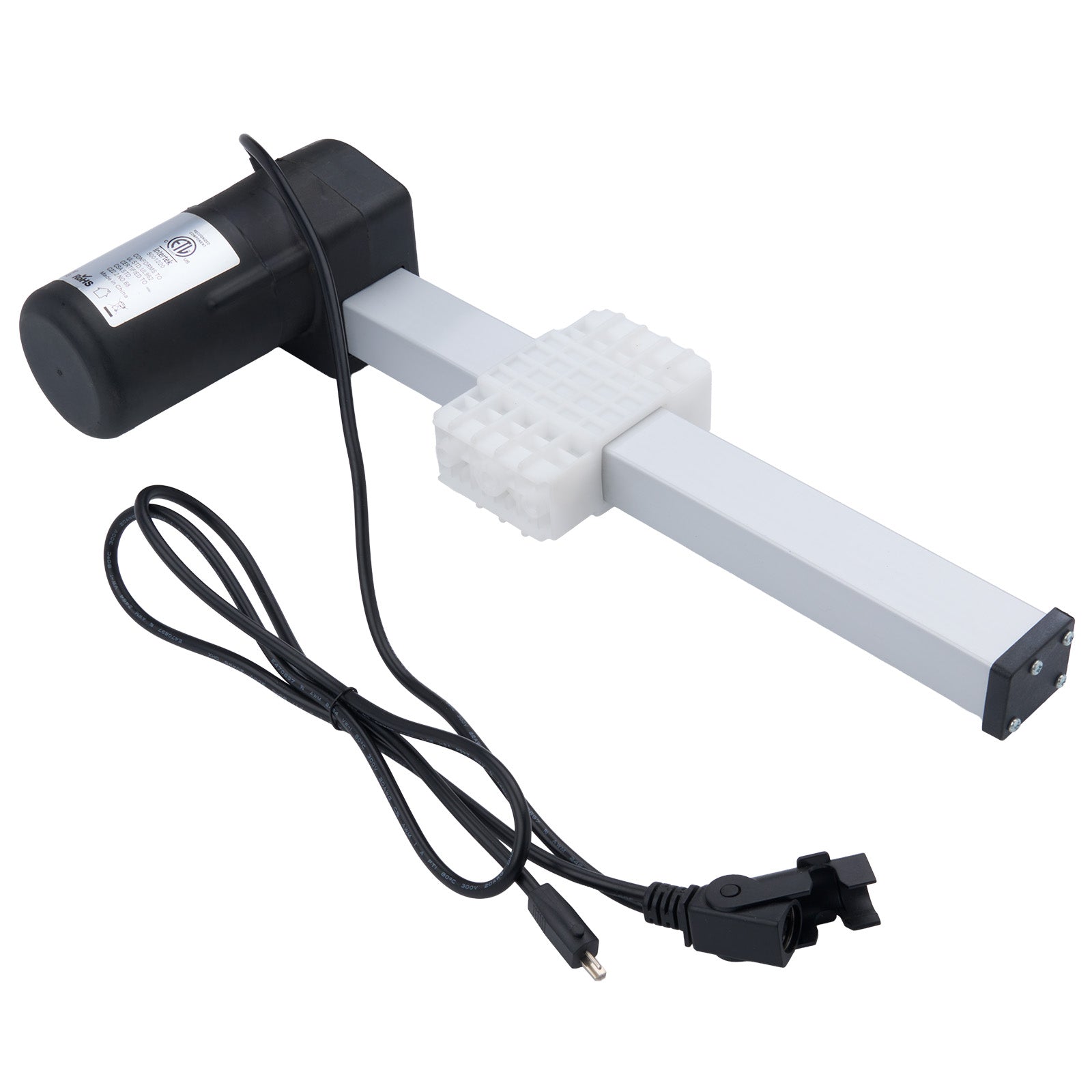Electronic component with a black housing, white rod, and black cable on a white background