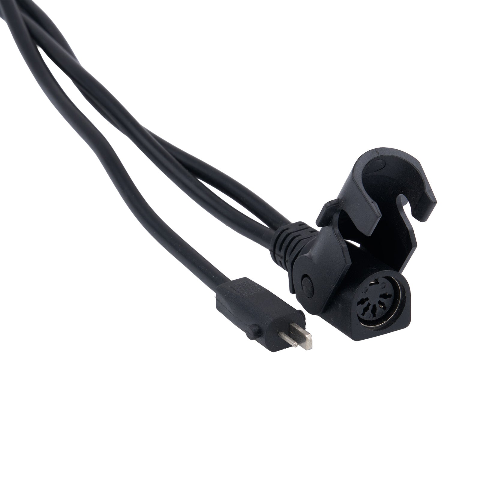 Black audio cable with plug and connector on a white background