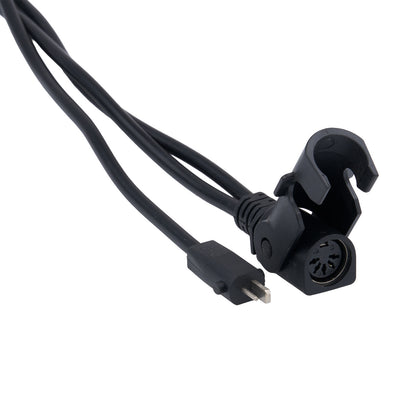 Black audio cable with plug and connector on a white background