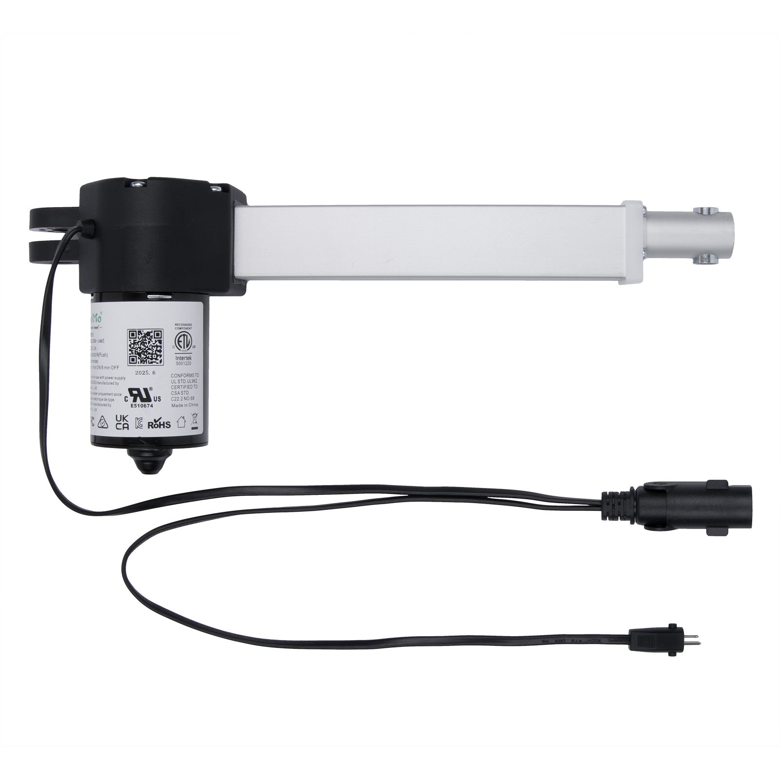 Linear actuator with power cord on a white background