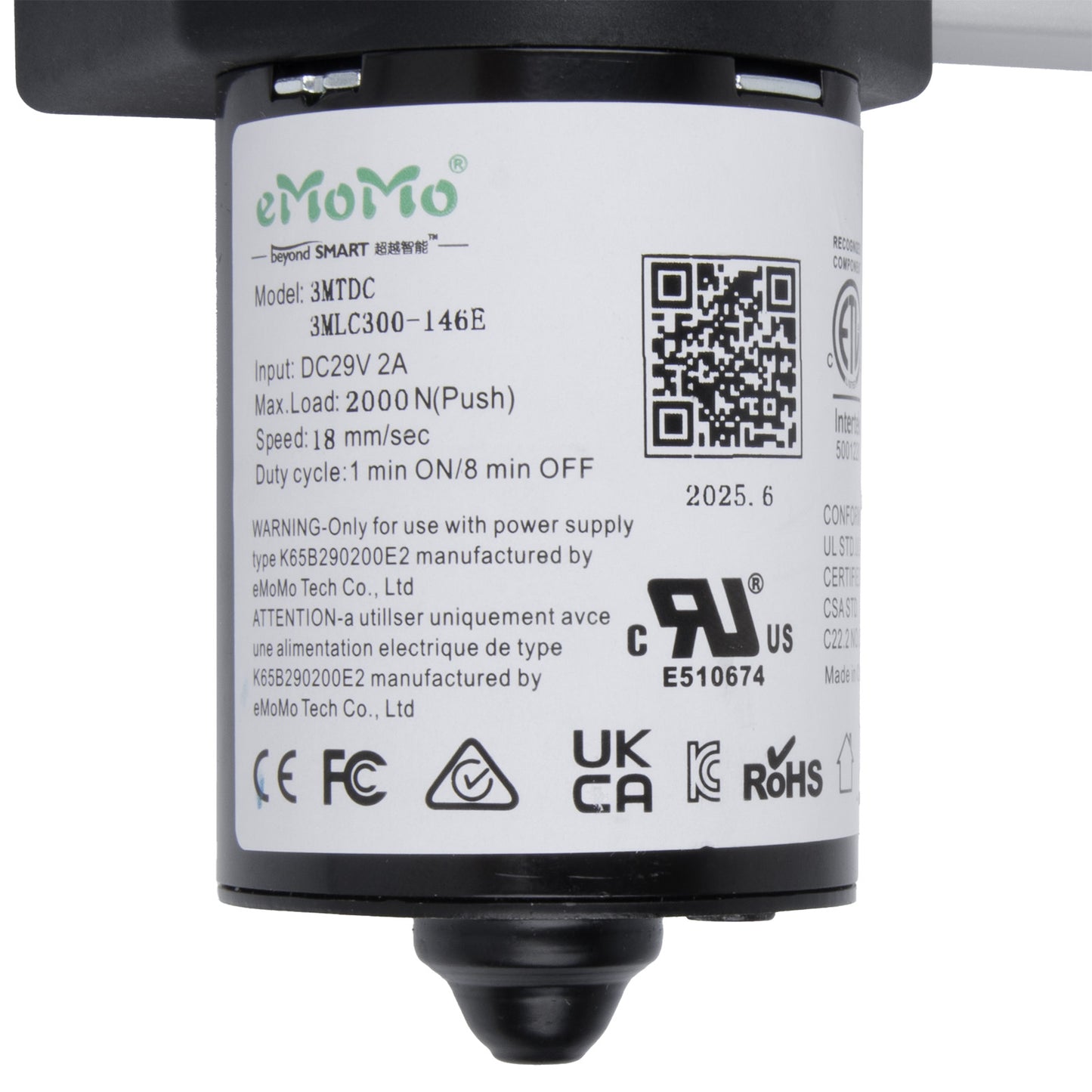 Technical label on a device with branding and specifications