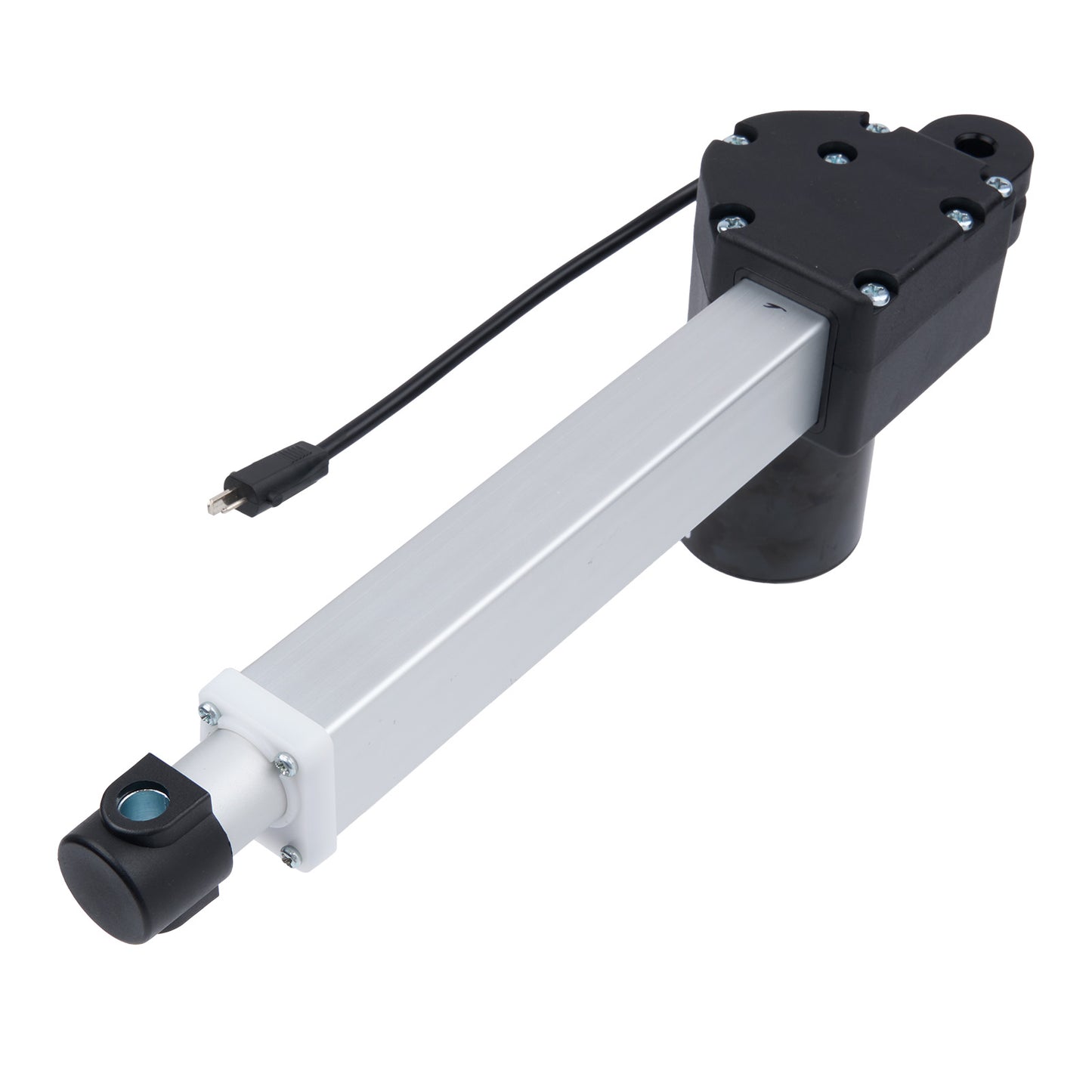 Mechanical actuator with black and white design on a white background