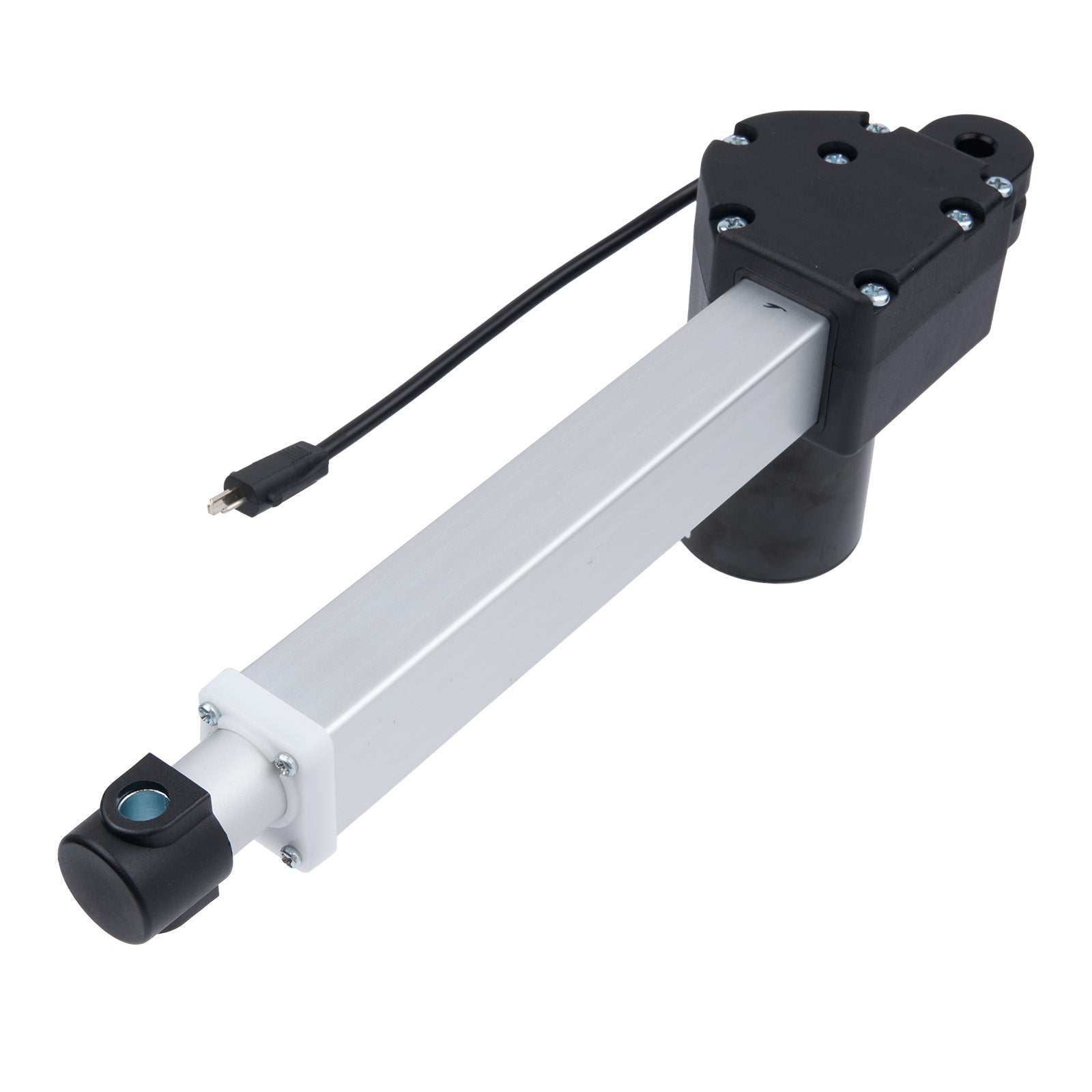 Mechanical actuator with black and white design on a white background