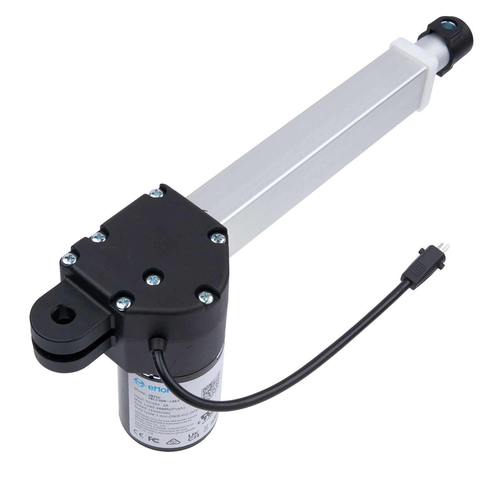 Mechanical actuator with a black housing and visible branding on a white background