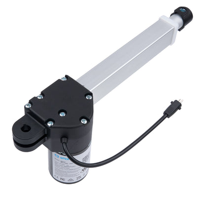 Mechanical actuator with a black housing and visible branding on a white background