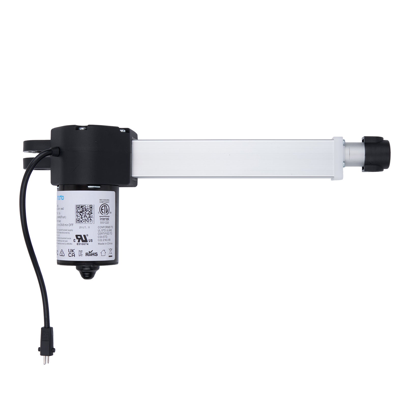 Linear actuator with a label on a white background