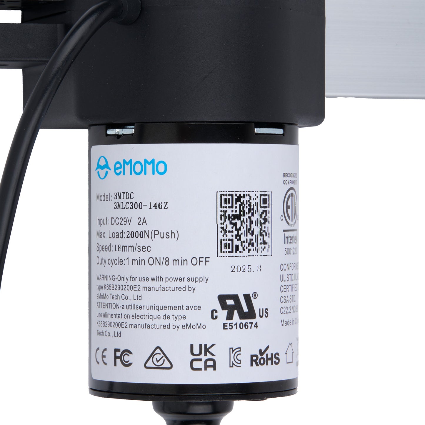 Back view of a device with emomo branding and technical specifications on a white background