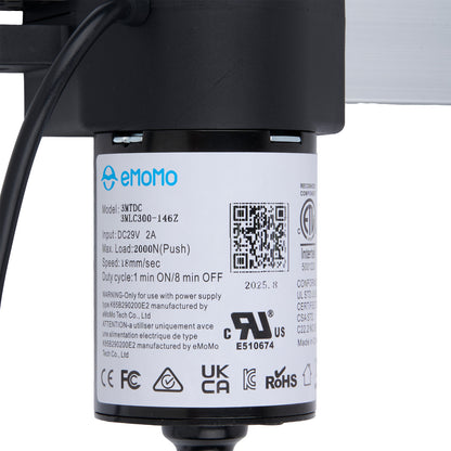 Back view of a device with emomo branding and technical specifications on a white background