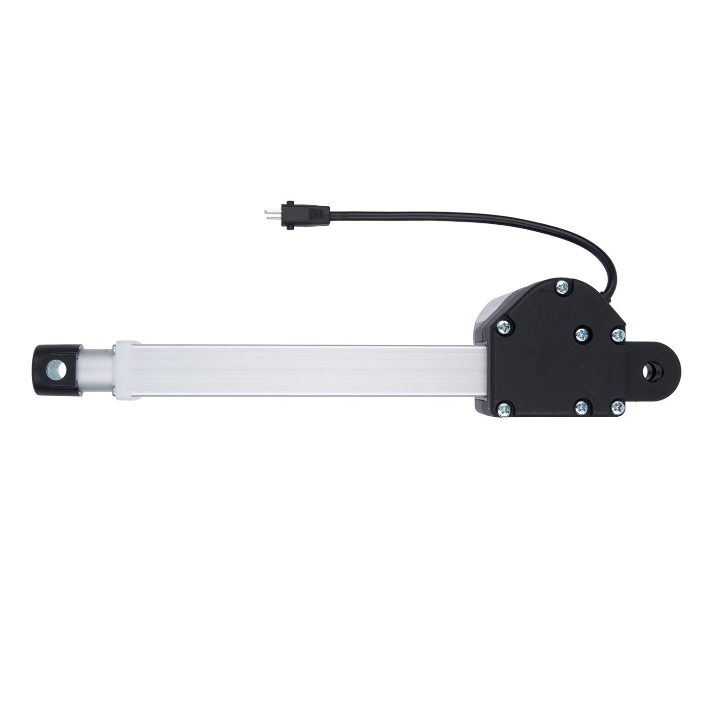 Linear actuator with black and white design on a white background