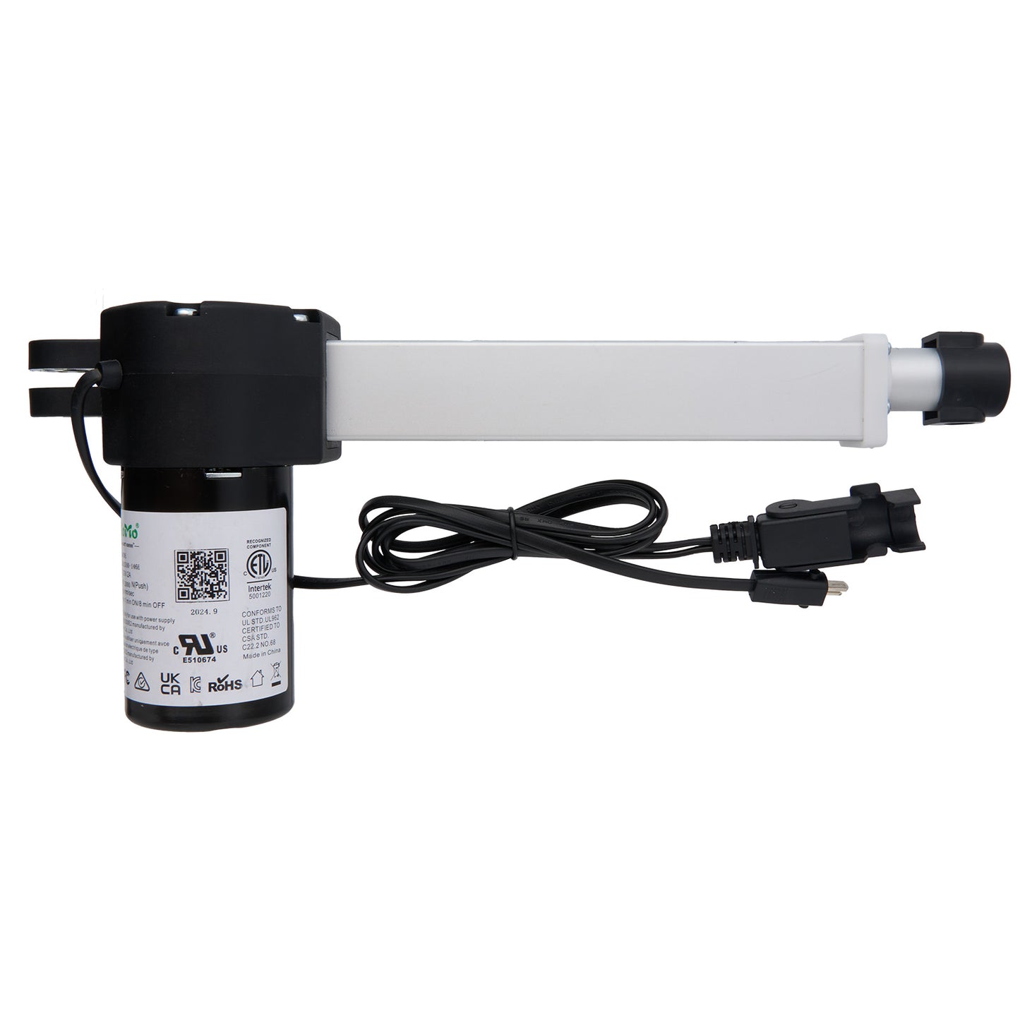 A black and white eMoMo linear actuator with a power cable, designed for use in recliner or lift chairs.