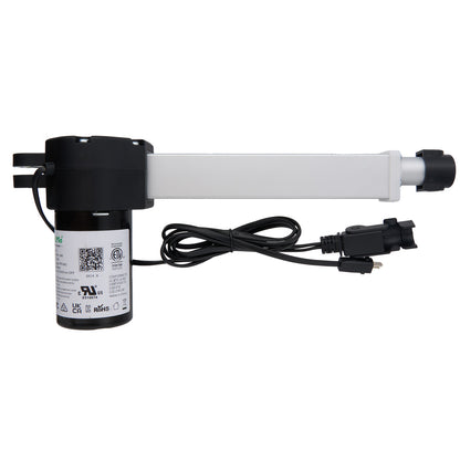 A black and white eMoMo linear actuator with a power cable, designed for use in recliner or lift chairs.