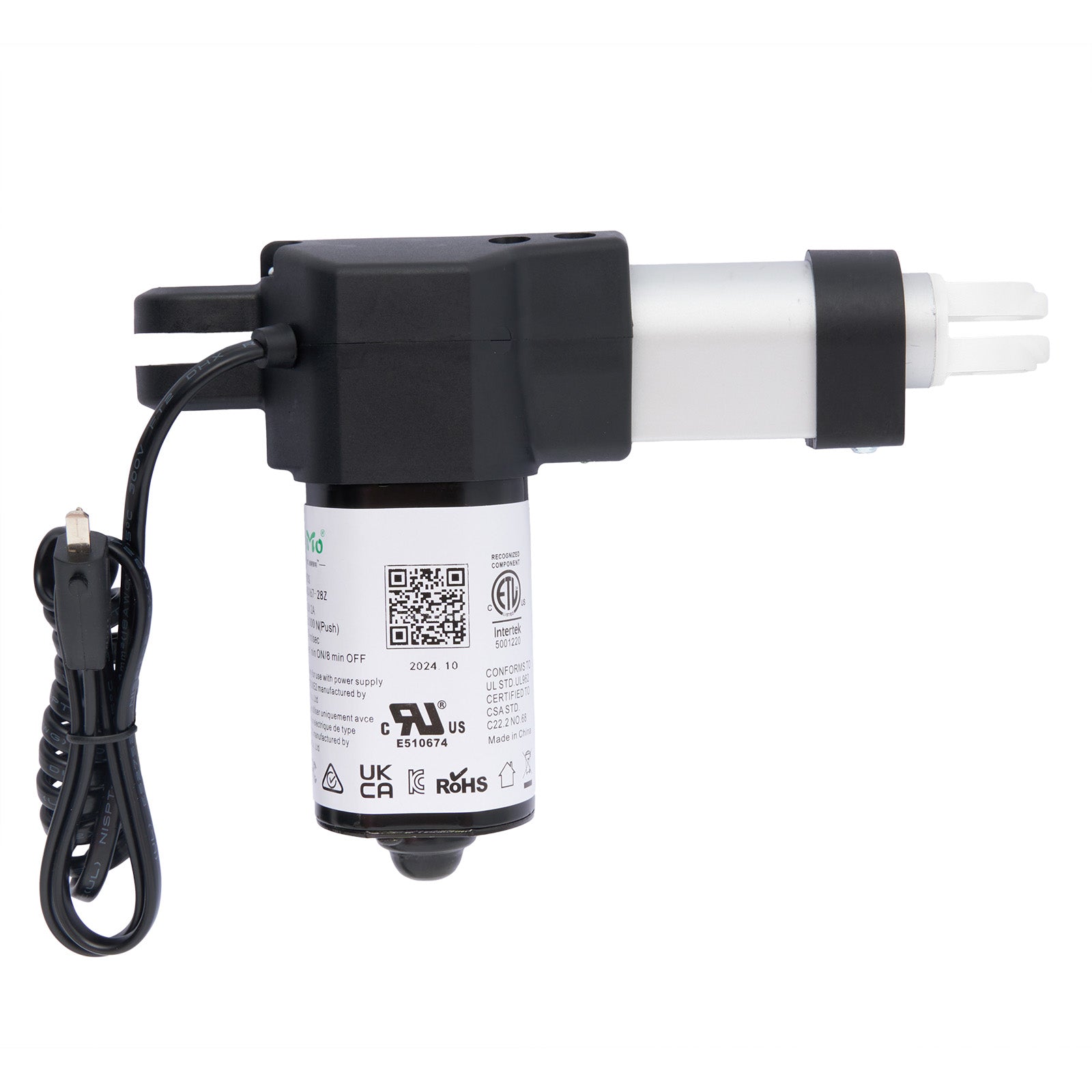 A black eMoMo 3MTDS 3MLS167-28Z linear actuator with a single 2 pin male plug and a QR code on the side.