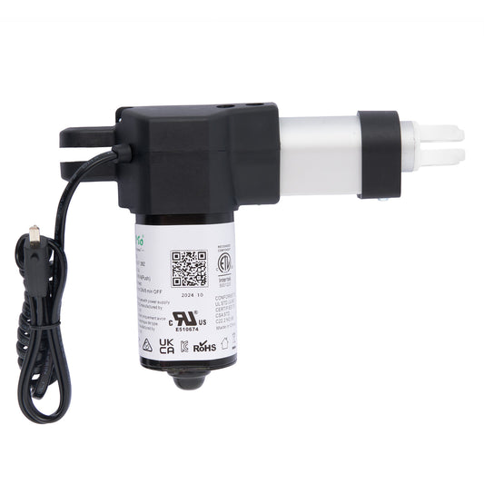 A black eMoMo 3MTDS 3MLS167-28Z linear actuator with a single 2 pin male plug and a QR code on the side.