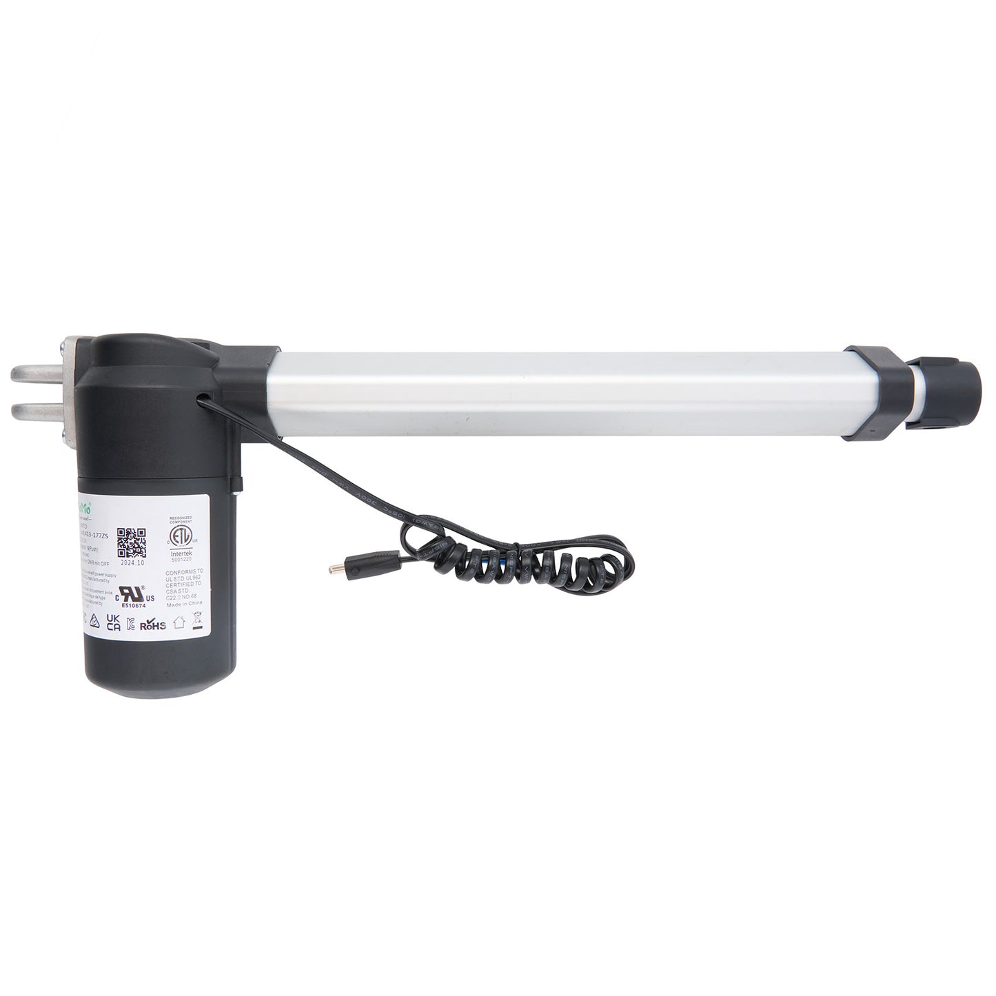 eMoMo 3MTD 3ML413-177ZS linear actuator, primarily white in color with black ends and a label on the side.