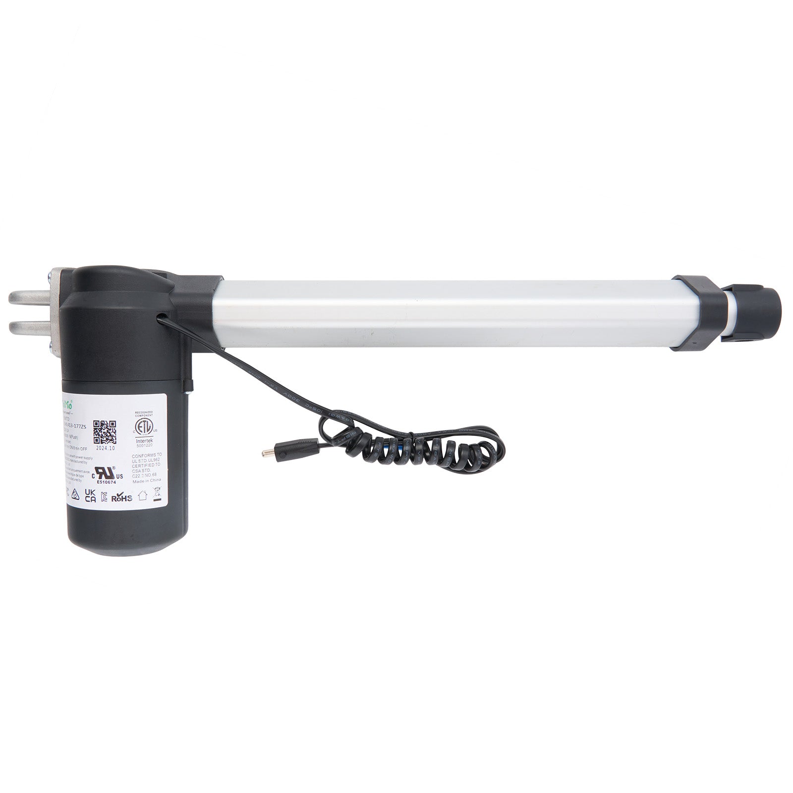 eMoMo 3MTD 3ML413-177ZS linear actuator, primarily white in color with black ends and a label on the side.