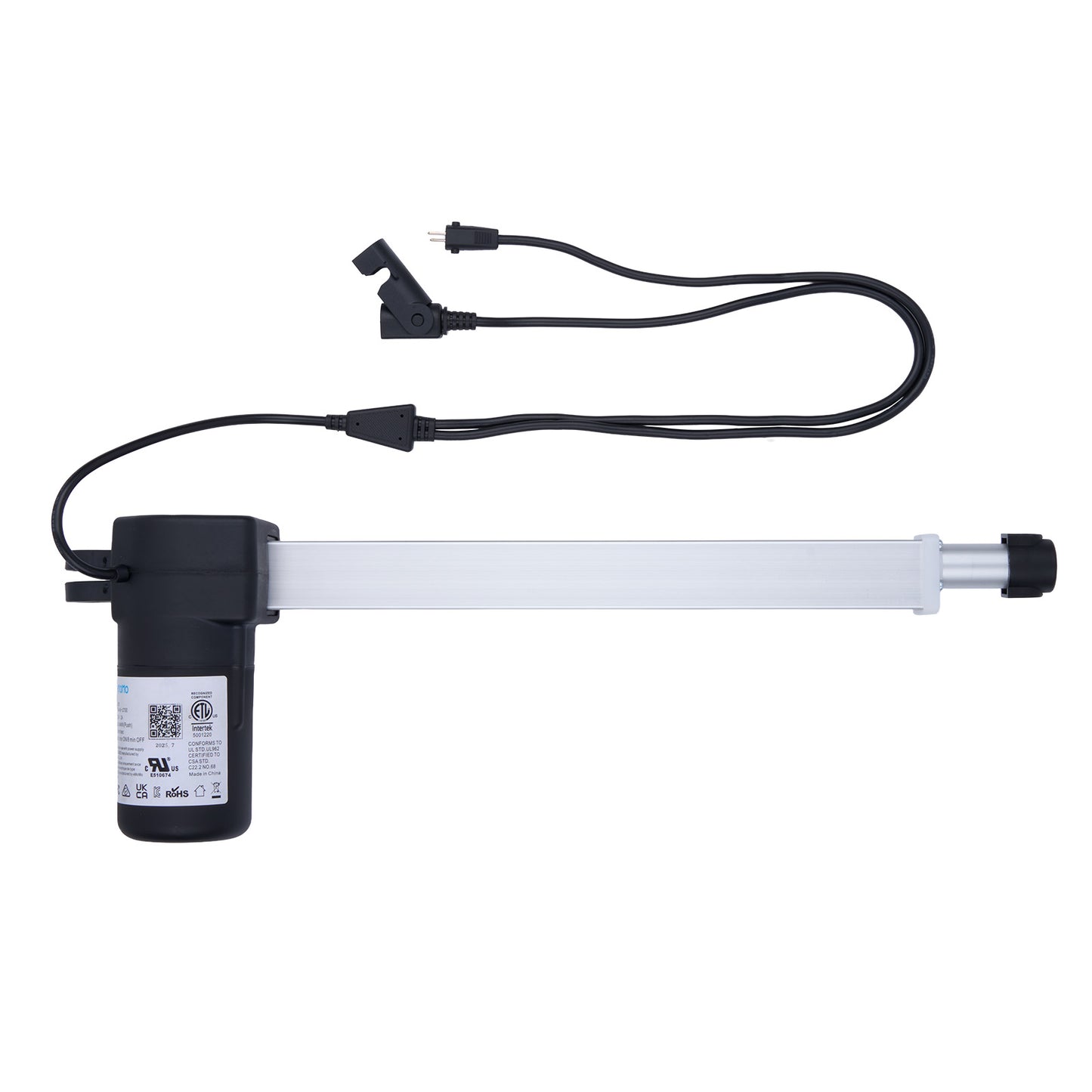 Electrical component with black housing and white cable on a white background