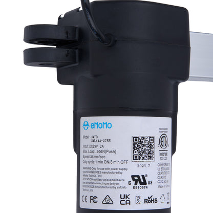 Black mechanical component with eMotio branding and certification logos on a white background