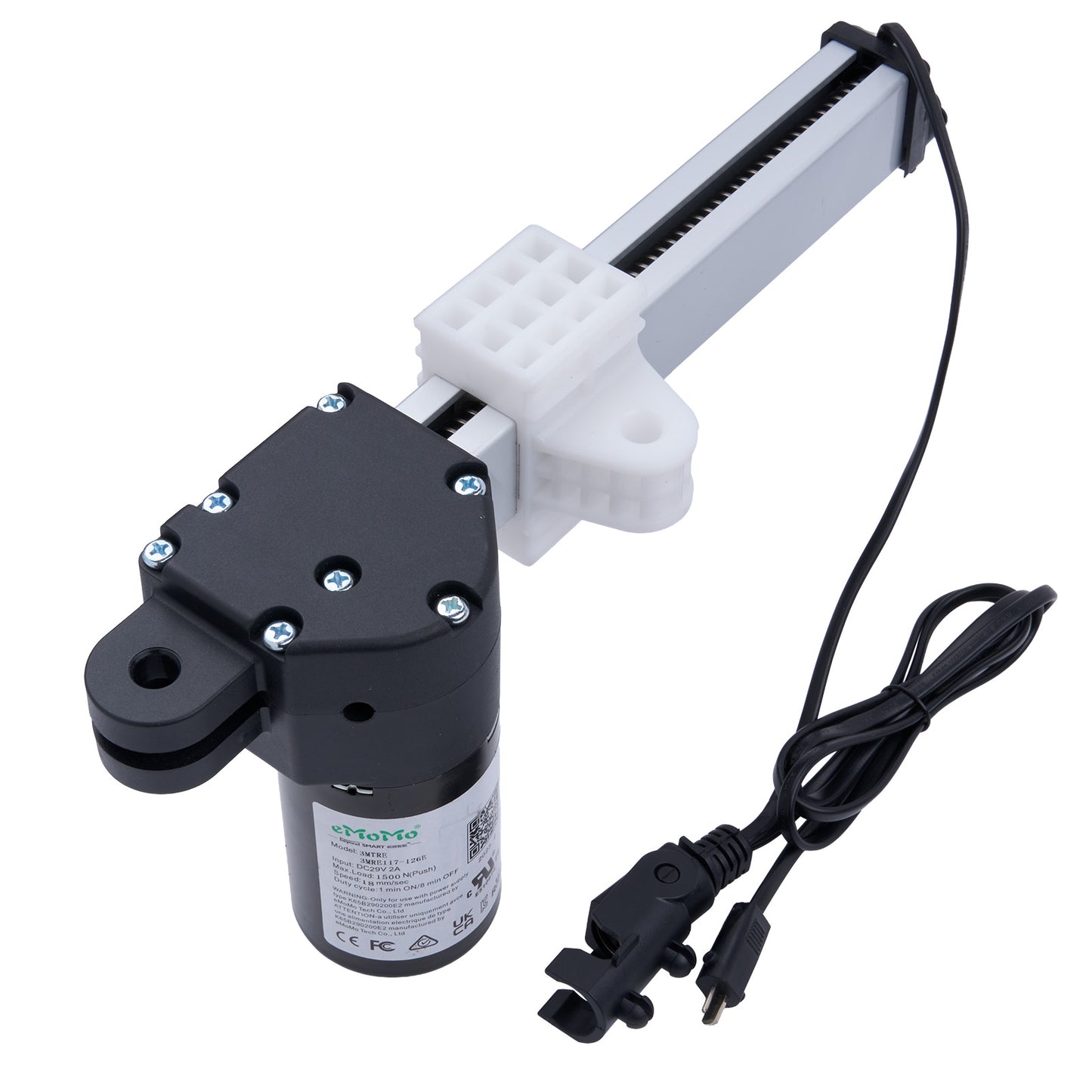 Mechanical arm with motor and cable on a white background