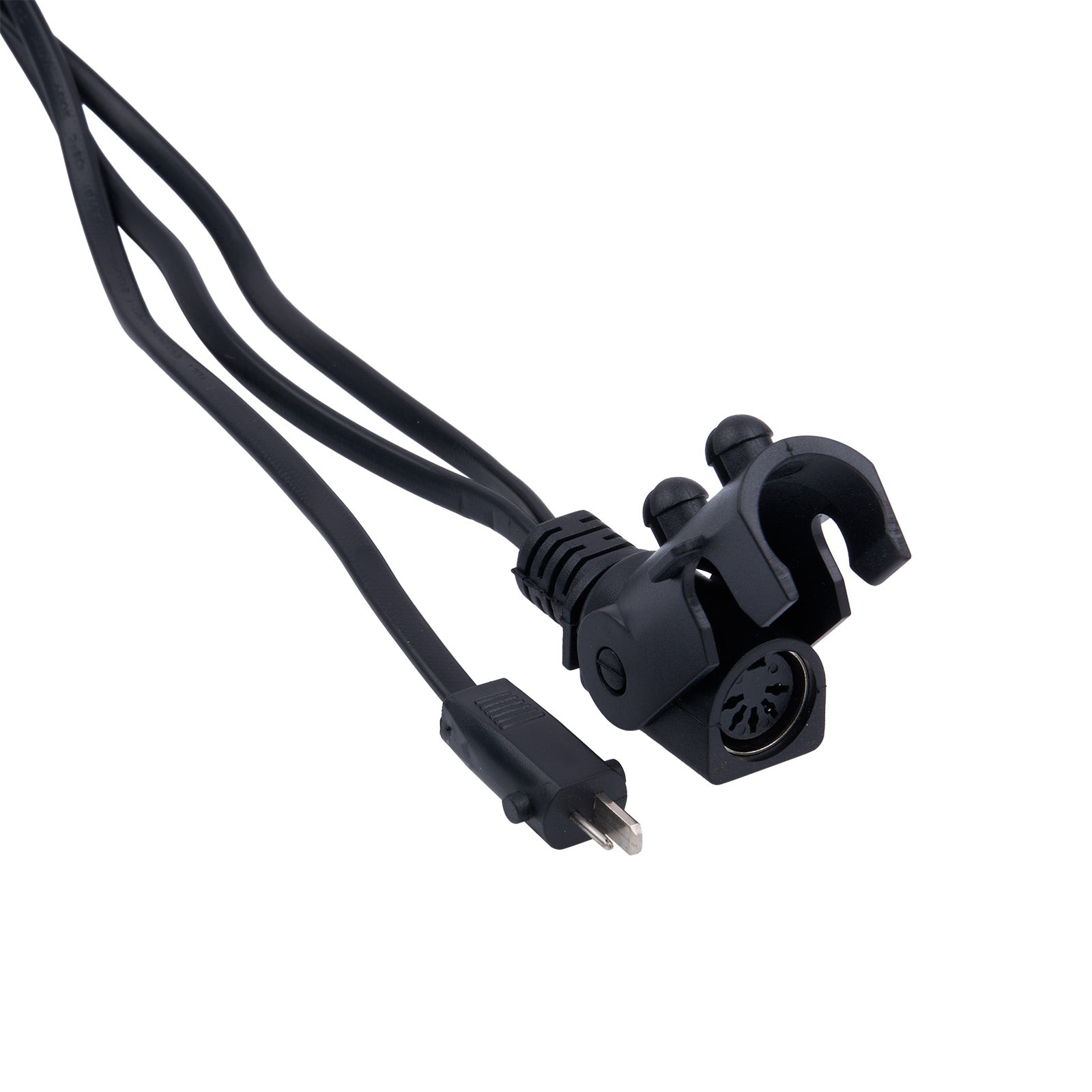 Black electrical cord with plug on a white background
