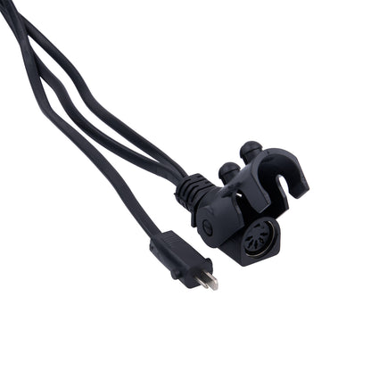 Black electrical cord with plug on a white background