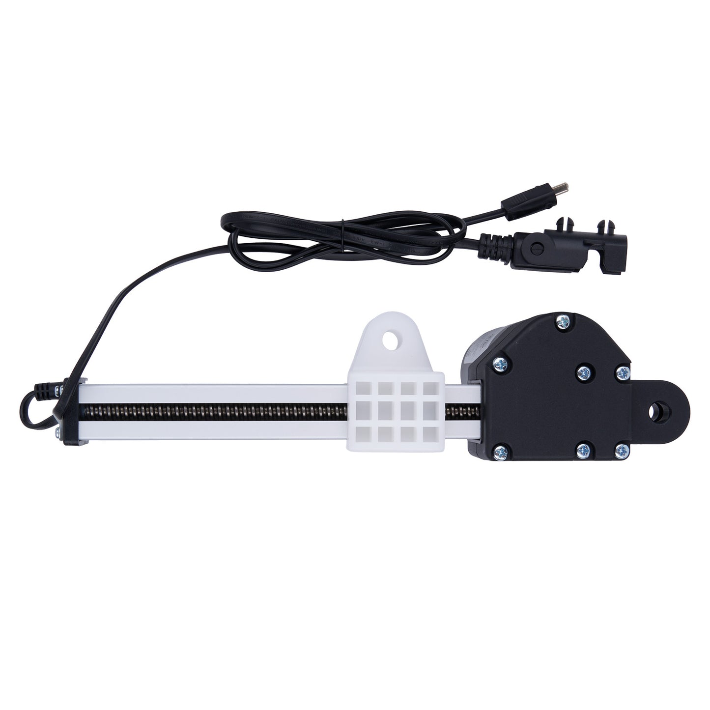 Mechanical arm with a linear actuator and power cable on a white background