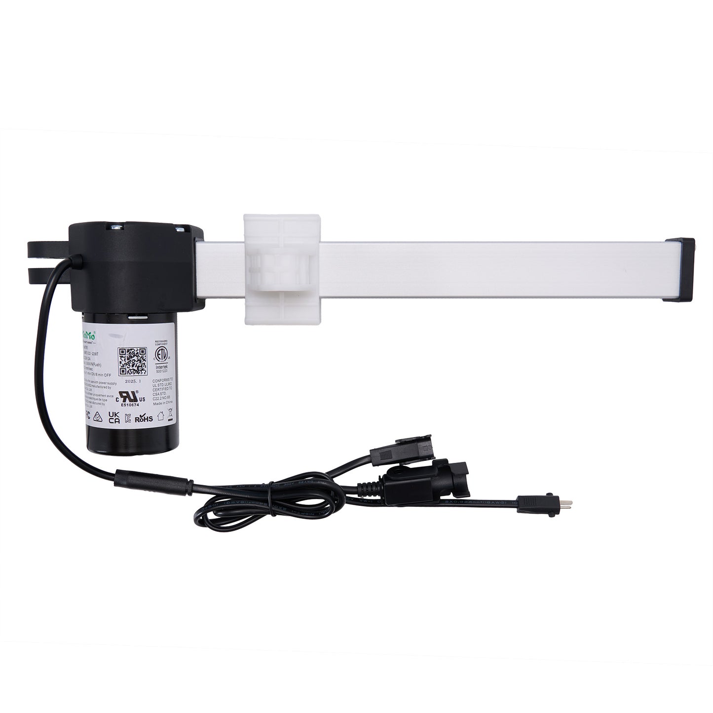 A eMoMo brand linear actuator with a black motor housing, connected to a white shaft and cables, against a plain background.