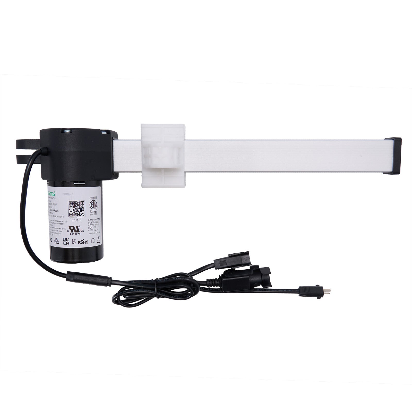 A eMoMo brand linear actuator with a black motor housing, connected to a white shaft and cables, against a plain background.