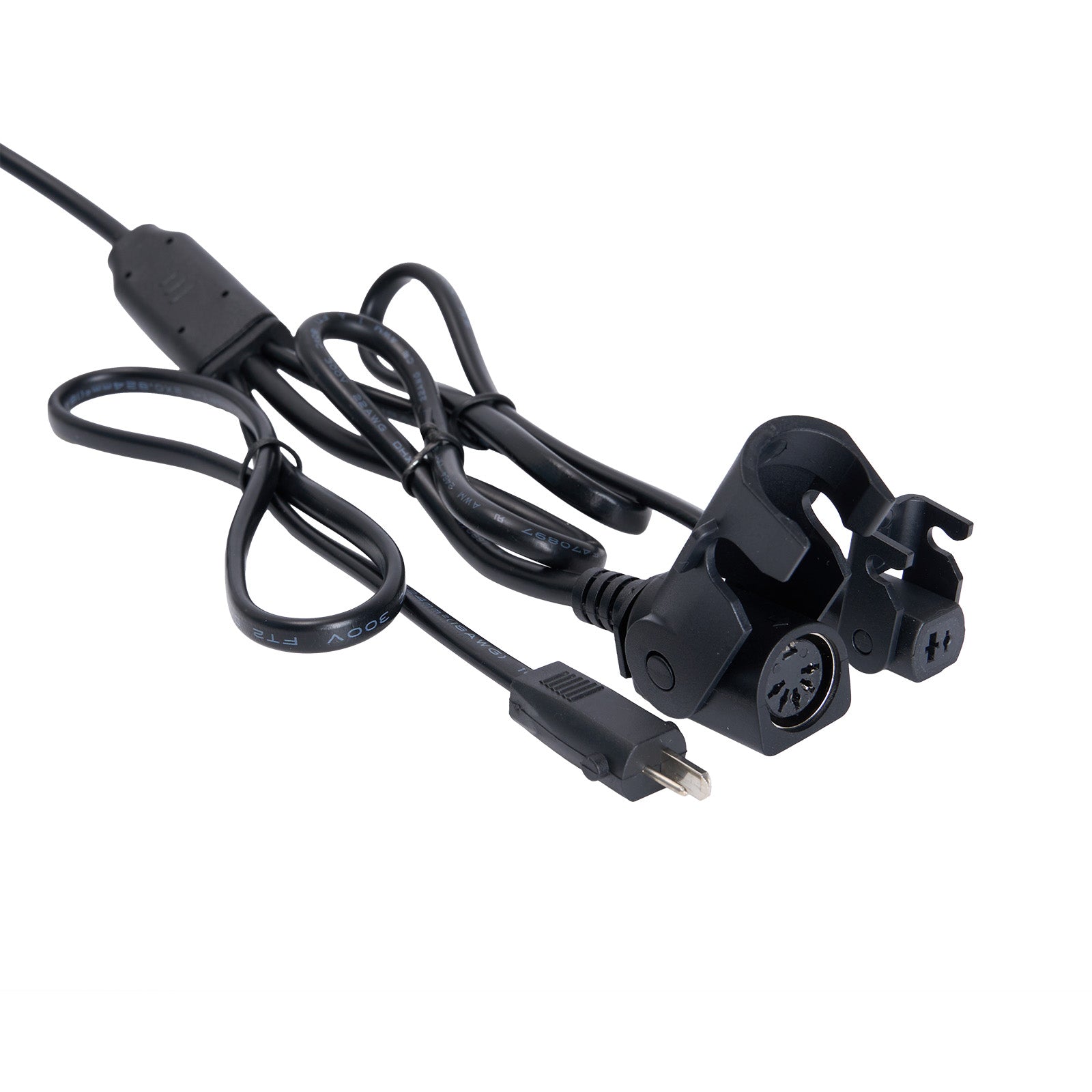 Black power cord with plug and connector on a white background