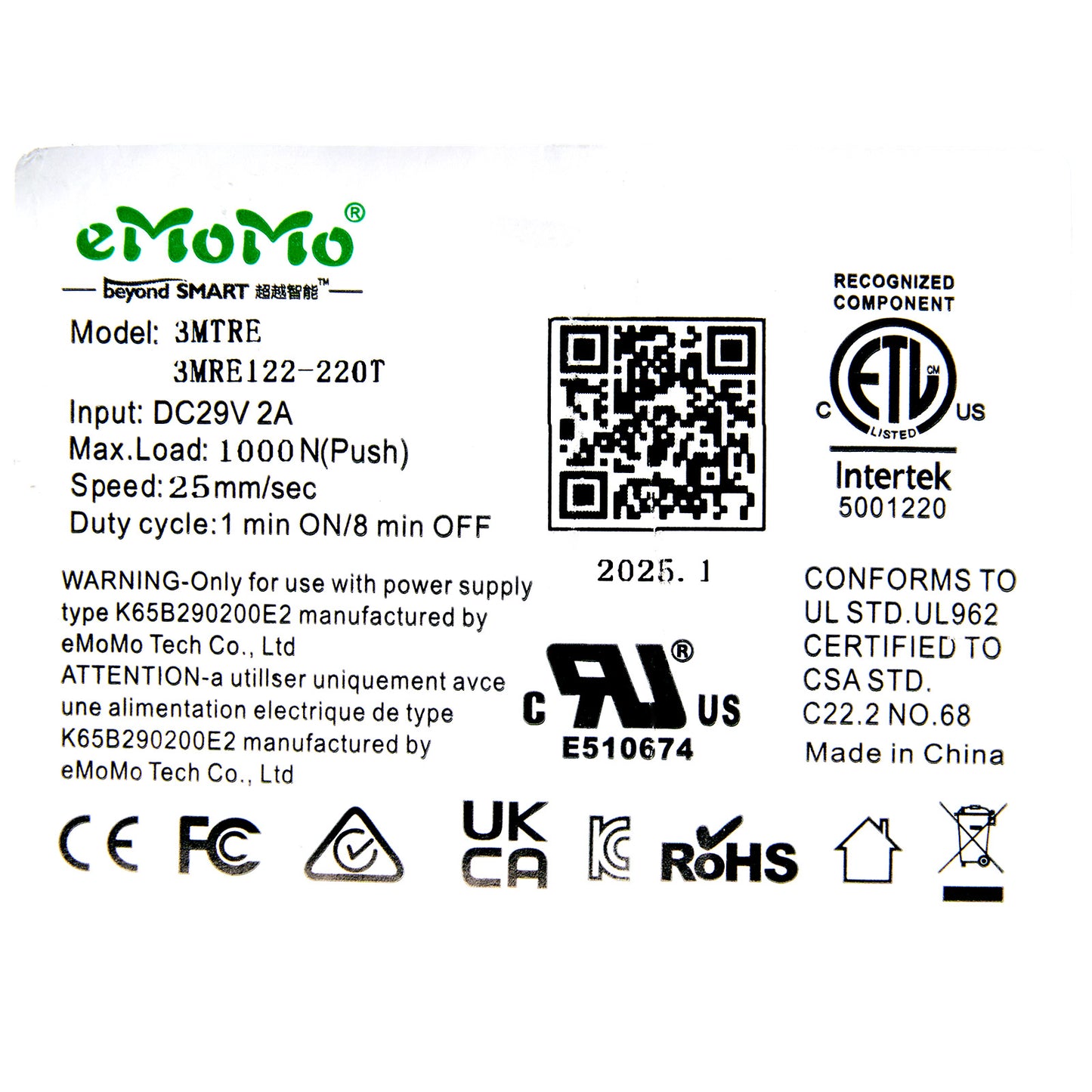Product label with various certification logos and specifications.