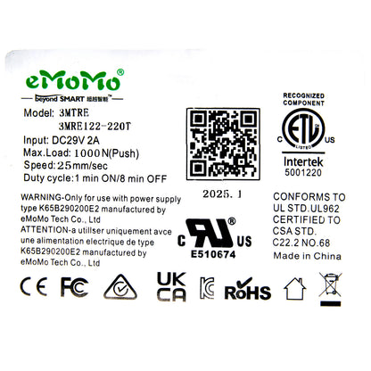 Product label with various certification logos and specifications.