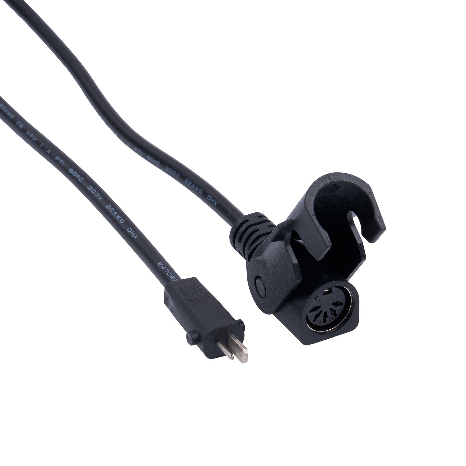Black electrical cord with plug and connector on a white background