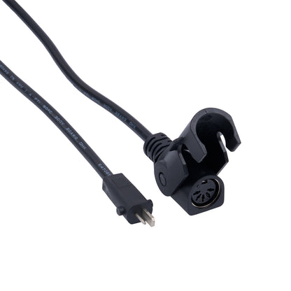 Black electrical cord with plug and connector on a white background