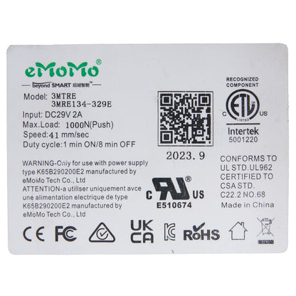 Technical label with eMoMo branding and certification logos on a white background