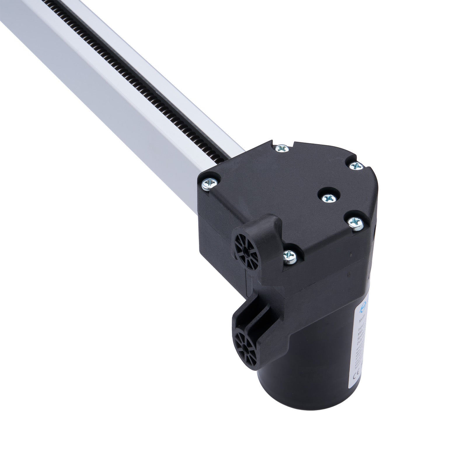 Black cylindrical actuator with a white rod on a white background
