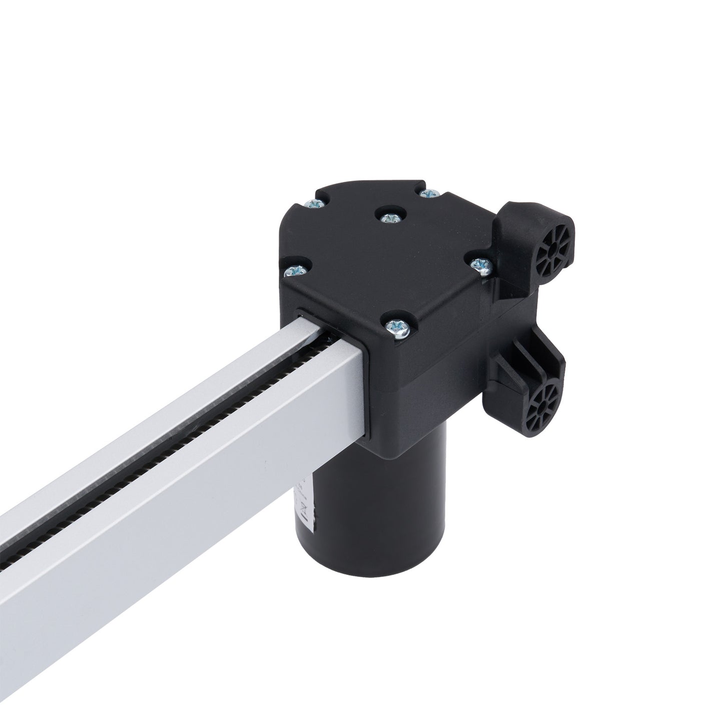 Black mechanical component attached to a white rod on a white background