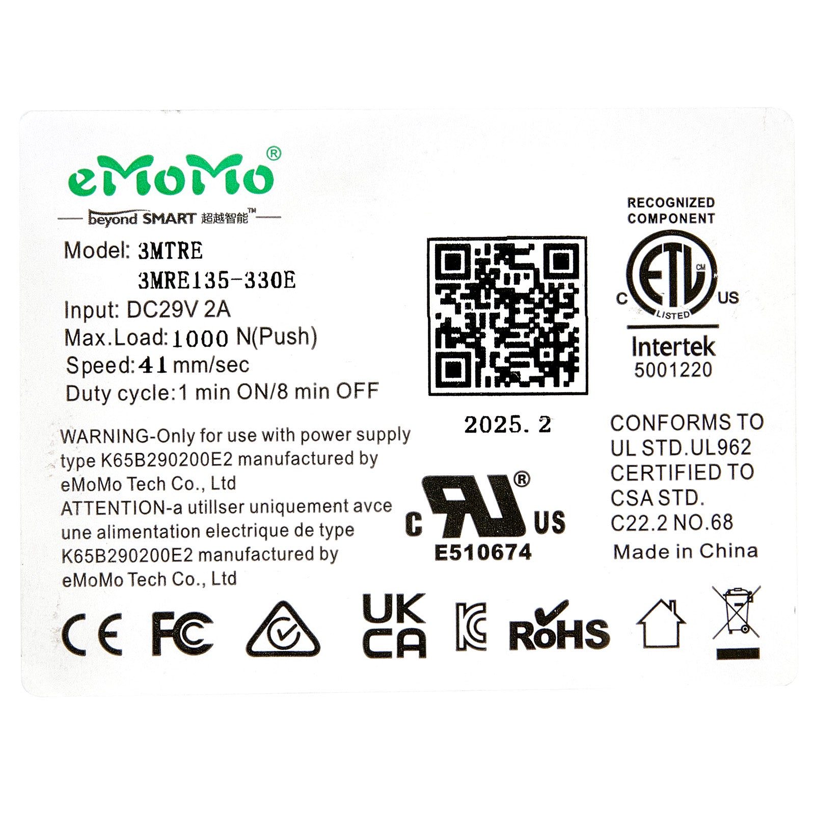 Technical label with various certification logos and product details on a white background