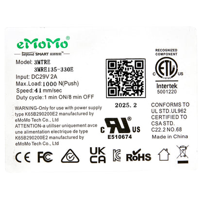 Technical label with various certification logos and product details on a white background