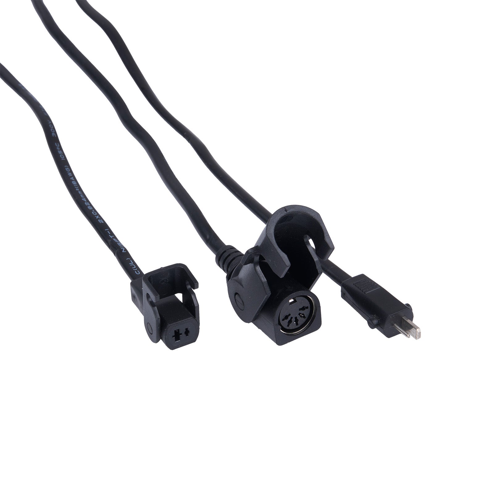 Black electrical cable with various connectors on a white background