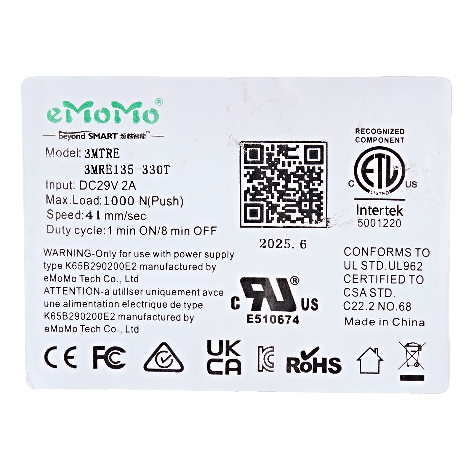 Technical label with various certifications and specifications on a white background