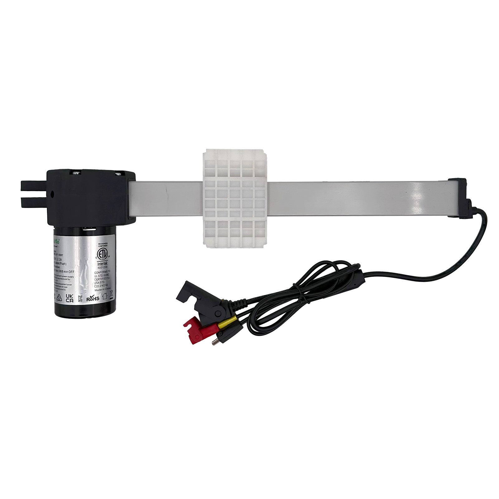 A eMoMo 3MTRE 3MRE157-200T linear actuator, predominantly silver and black in color, with cables and connectors attached.