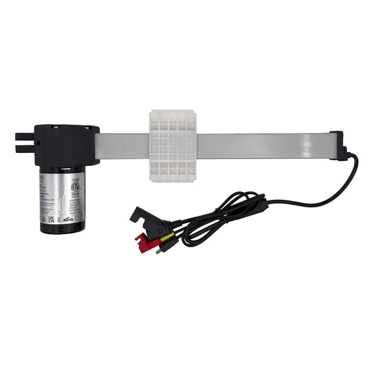 A eMoMo 3MTRE 3MRE157-200T linear actuator, predominantly silver and black in color, with cables and connectors attached.