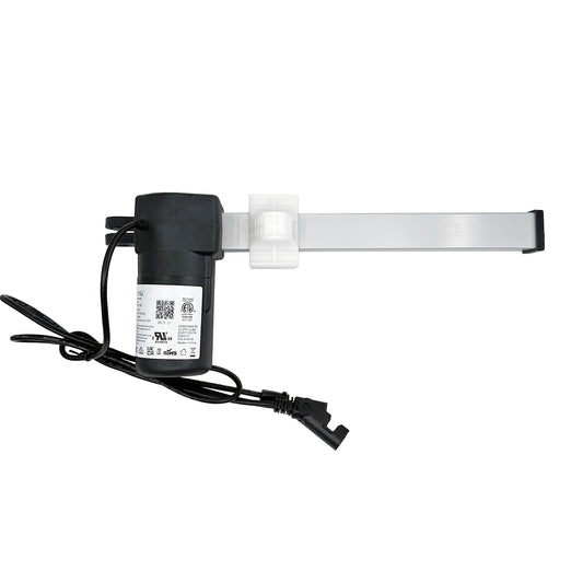 A eMoMo brand linear actuator with cables and plugs, primarily black in color, intended for use in recliner or lift chairs.