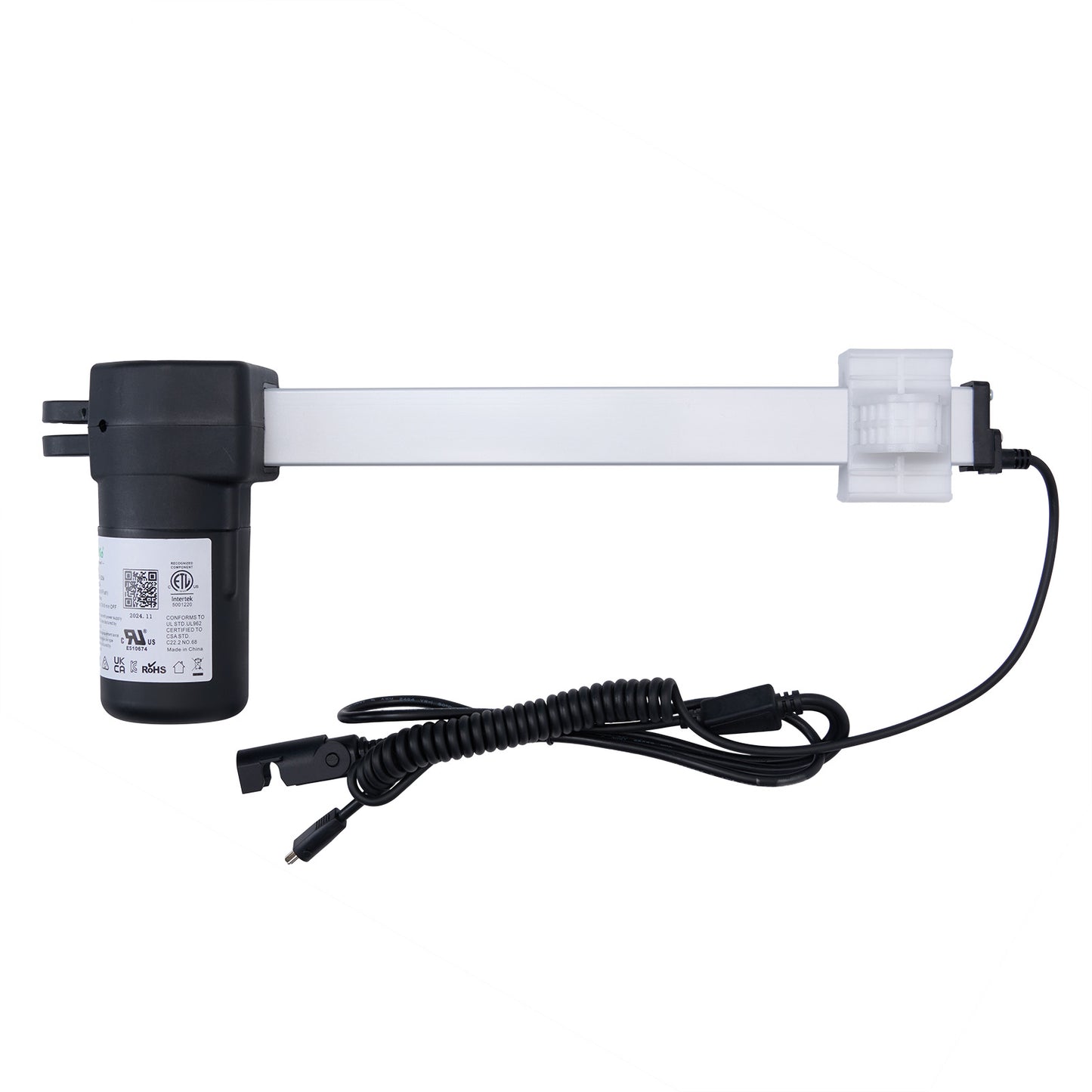 Linear actuator for power recliner lift chair, consisting of a black motor and a white rod with a white switch, connected by two cables.