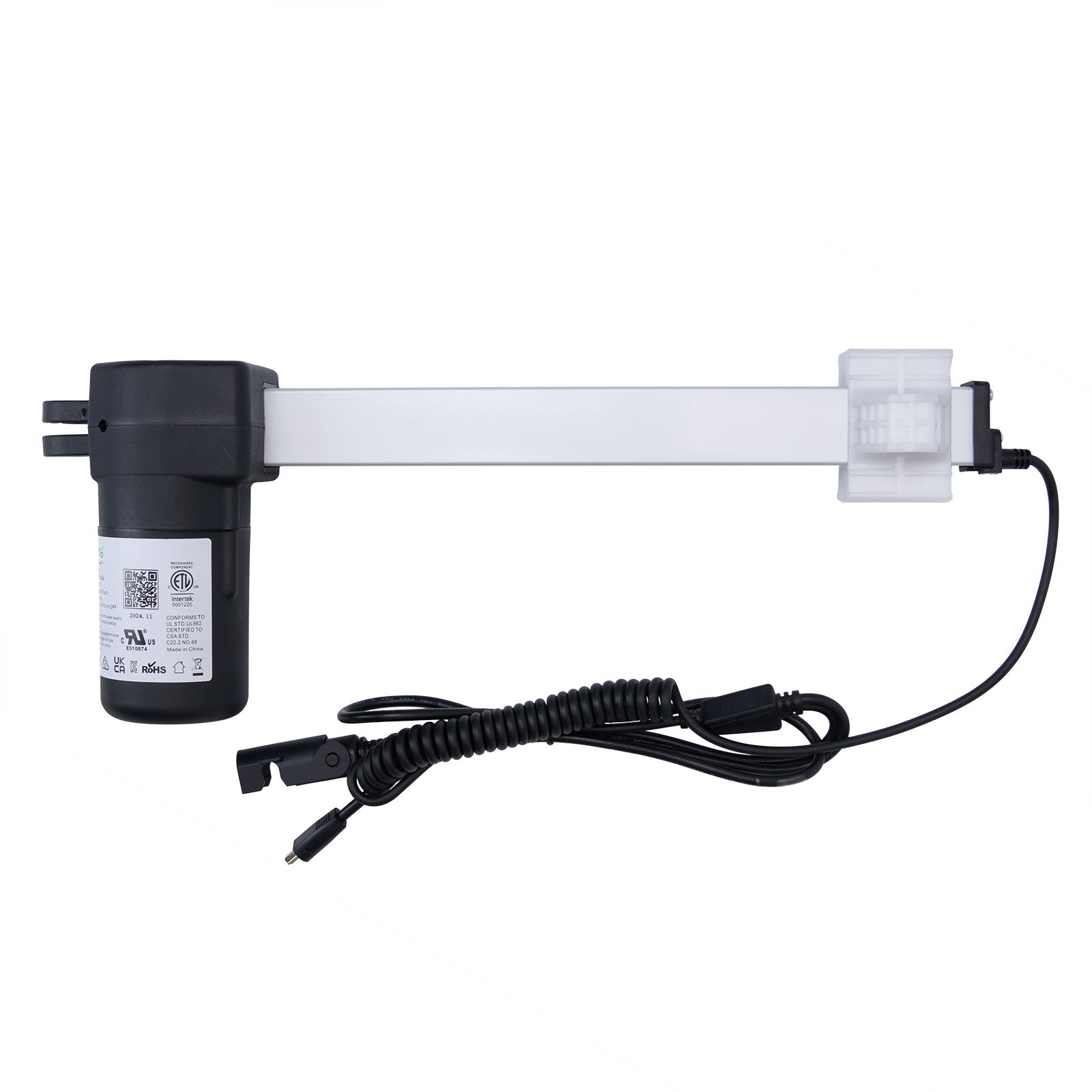 Linear actuator for power recliner lift chair, consisting of a black motor and a white rod with a white switch, connected by two cables.