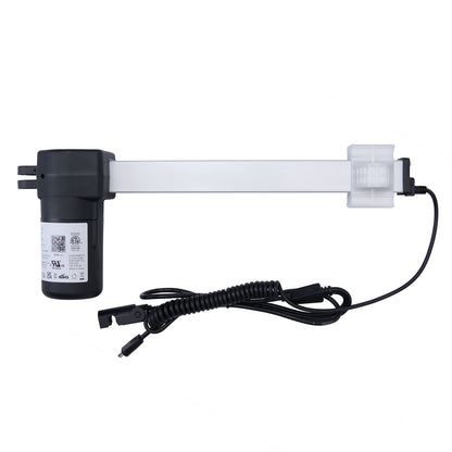 Linear actuator for power recliner lift chair, consisting of a black motor and a white rod with a white switch, connected by two cables.